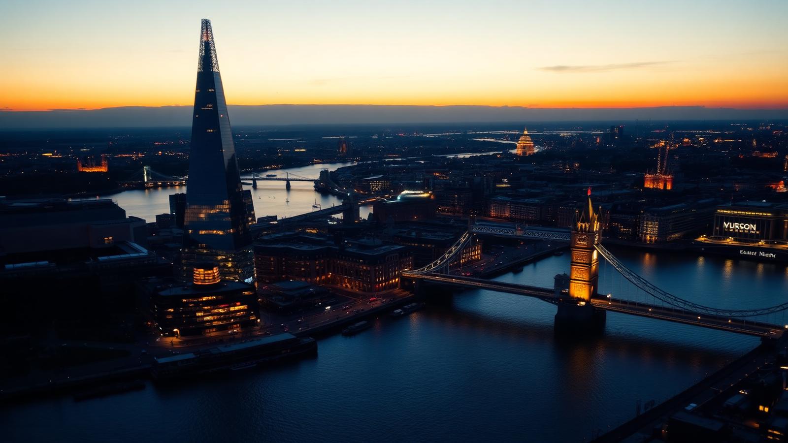 London skyline at dusk showing The Shard and Tower Bridge